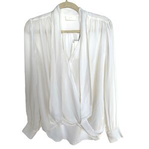 7 For All Mankind Women's White V-Neck L/Slv Drape Shirt Silk Blend Top Sz Small
